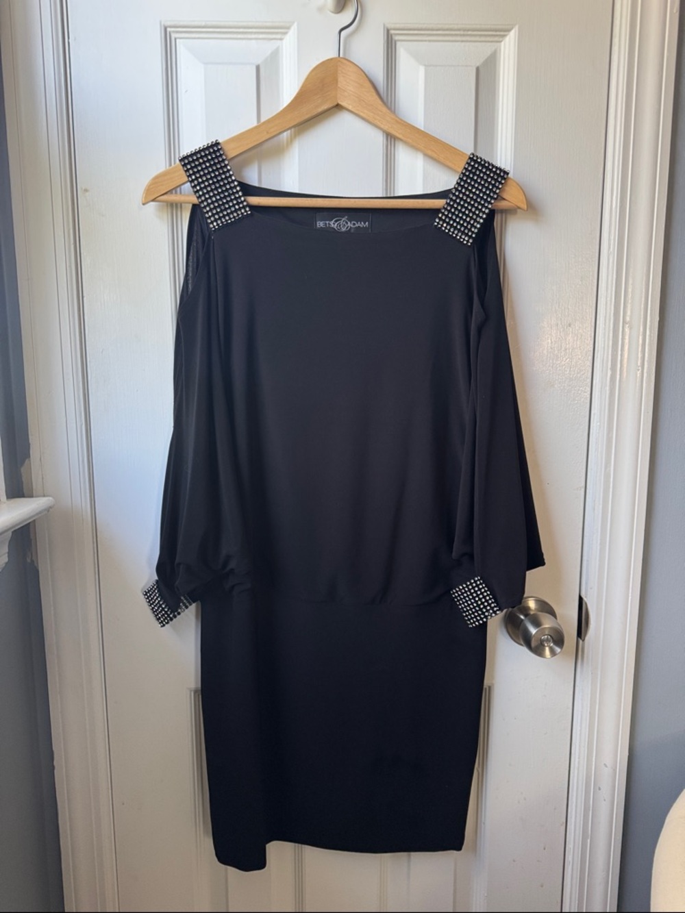 Betsy & Adam Split-Shoulder Dress with Embellished Straps, Cuffs